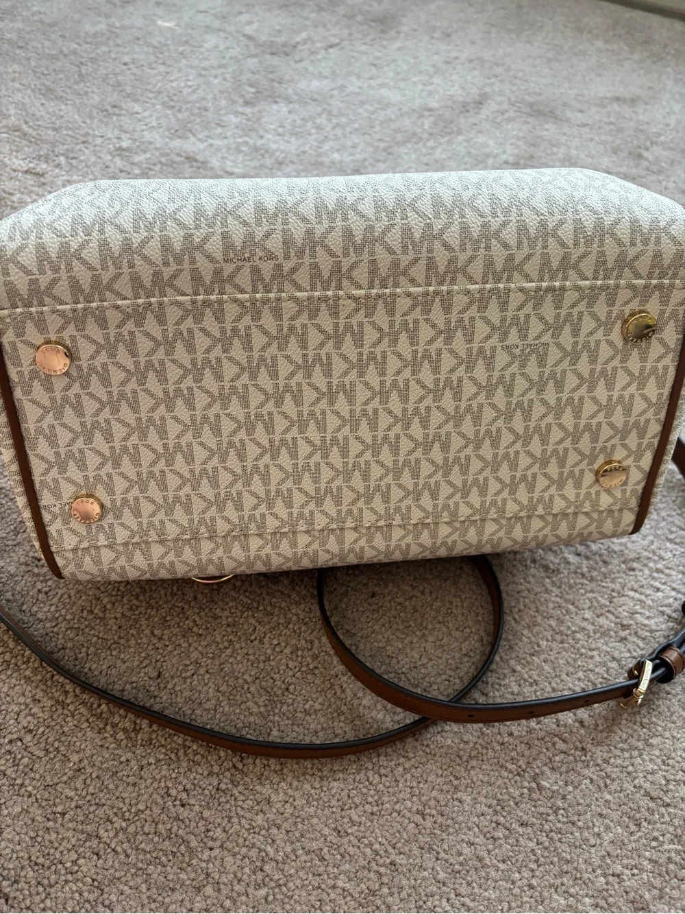 Michael Kors Cream Logo Satchel with Brown Trim and Matching Wallet